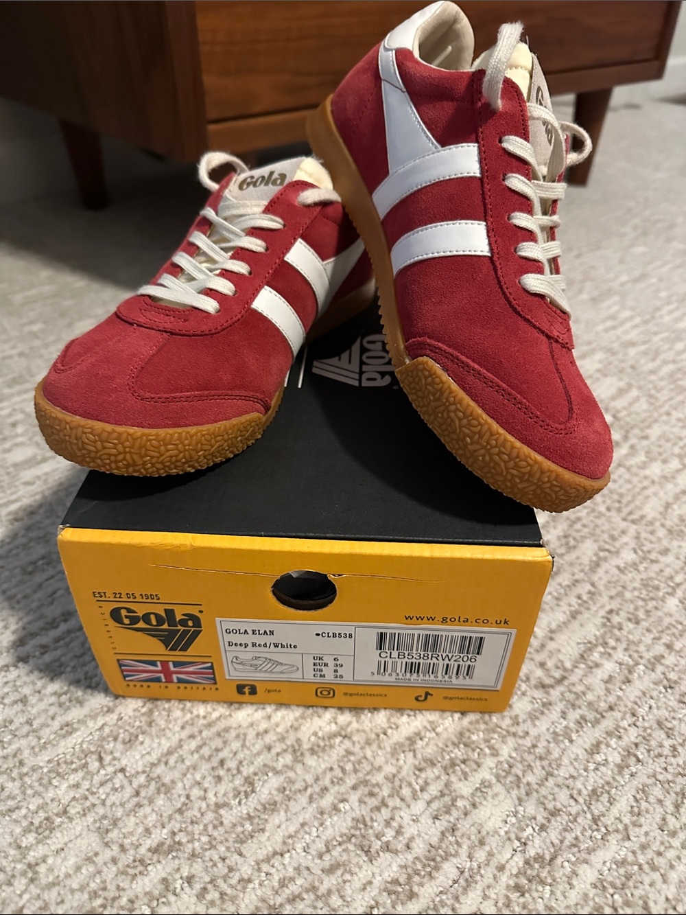 Gola Elan Suede Sneaker in Deep Red and White with Gum Sole